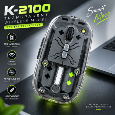 K-2100 Transparent Dual-Mode Rechargeable Wireless Mouse (2.4GHz & Bluetooth 5.2) – Crystal Clear Design, Silent Click, Type-C Charging, 3-Level Adjustable 800/1200/1600 DPI & Wide Compatibility